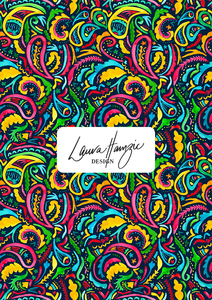 Rainbow Paisley Days watercolour pattern on navy, medium scale, for decor. Pattern design by Laura Hamzic, Australian Artist.