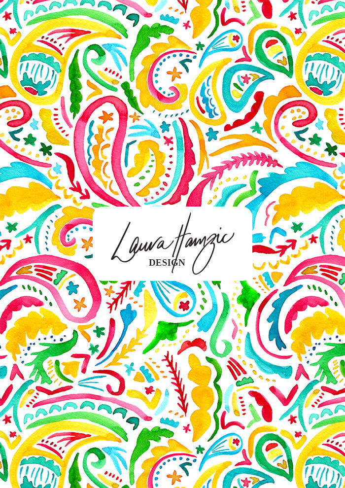 Rainbow Paisley Days watercolour pattern on white, large scale, for textiles. Pattern design by Laura Hamzic, Australian Artist.