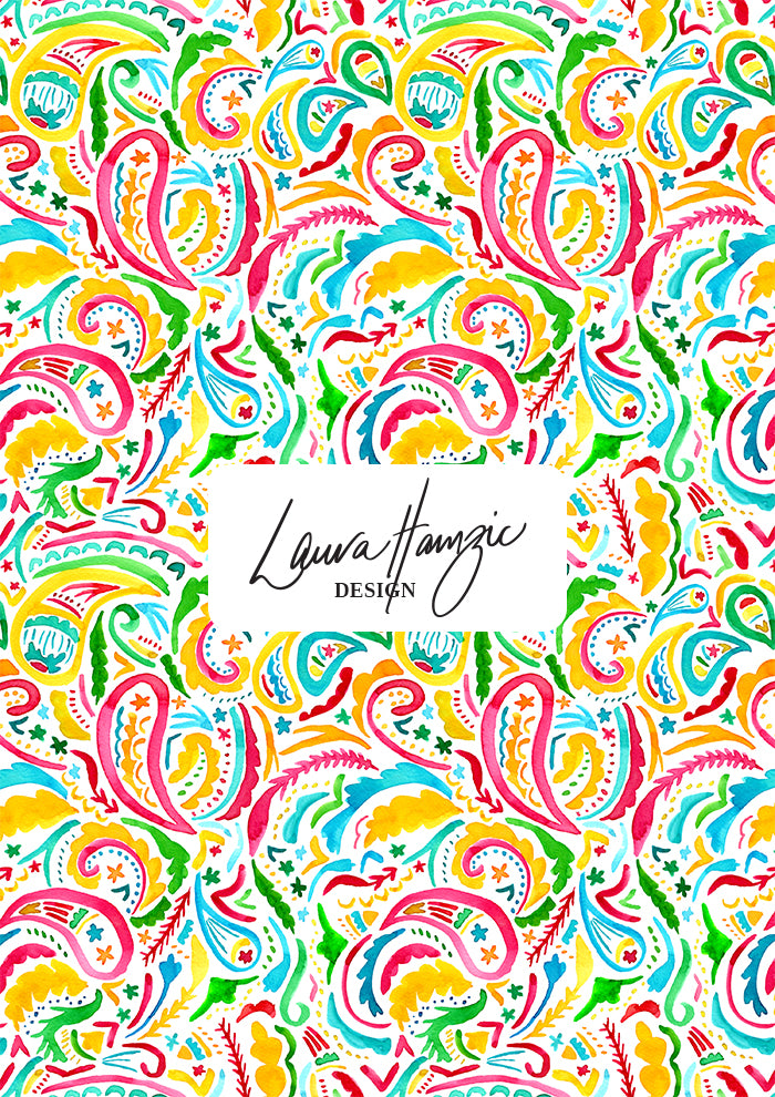 Rainbow Paisley Days watercolour pattern on white, medium scale, for decor. Pattern design by Laura Hamzic, Australian Artist.