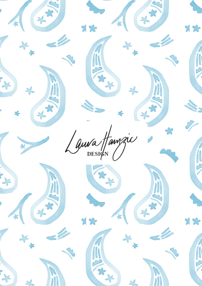 Pale blue Paisley Parade watercolour pattern, large scale, for textiles. Pattern design by Laura Hamzic, Australian Artist.