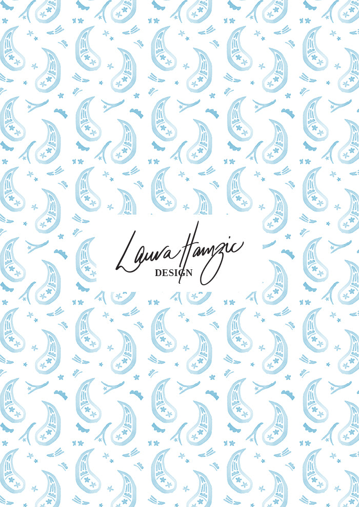 Pale blue Paisley Parade watercolour pattern, medium scale, for decor. Pattern design by Laura Hamzic, Australian Artist.