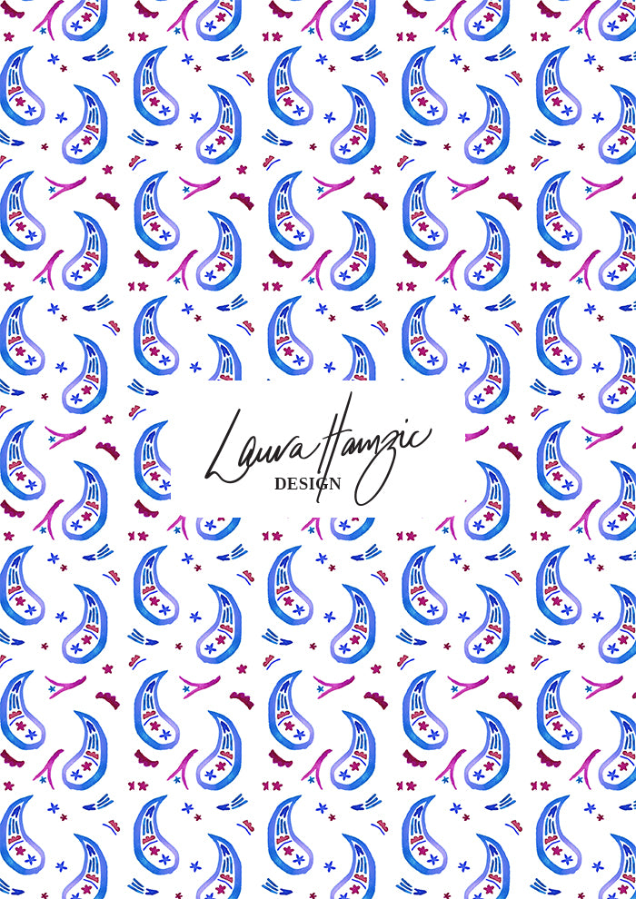 Pink and purple Paisley Parade watercolour pattern, medium scale, for decor. Pattern design by Laura Hamzic, Australian Artist.