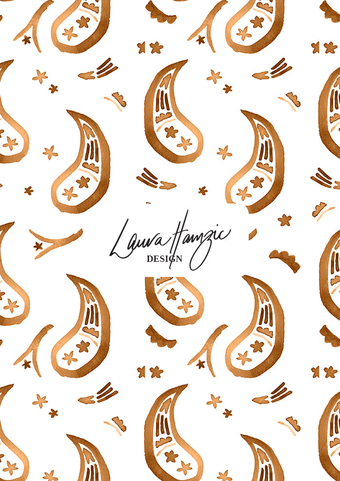 Tan Paisley Parade watercolour pattern, large scale, for textiles. Pattern design by Laura Hamzic, Australian Artist.