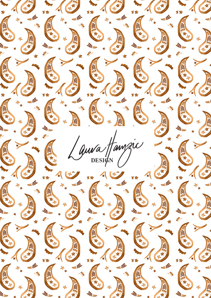 Tan Paisley Parade watercolour pattern, medium scale, for decor. Pattern design by Laura Hamzic, Australian Artist.