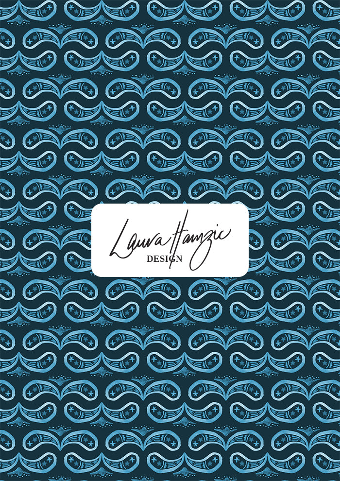 Denim Paisley Whirl watercolour pattern on navy, medium scale, for decor. Pattern design by Laura Hamzic, Australian Artist.