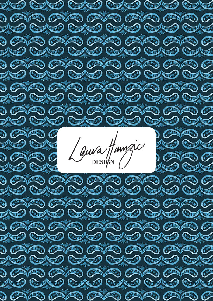 Denim Paisley Whirl watercolour pattern on navy, small scale, for fabrics. Pattern design by Laura Hamzic, Australian Artist.