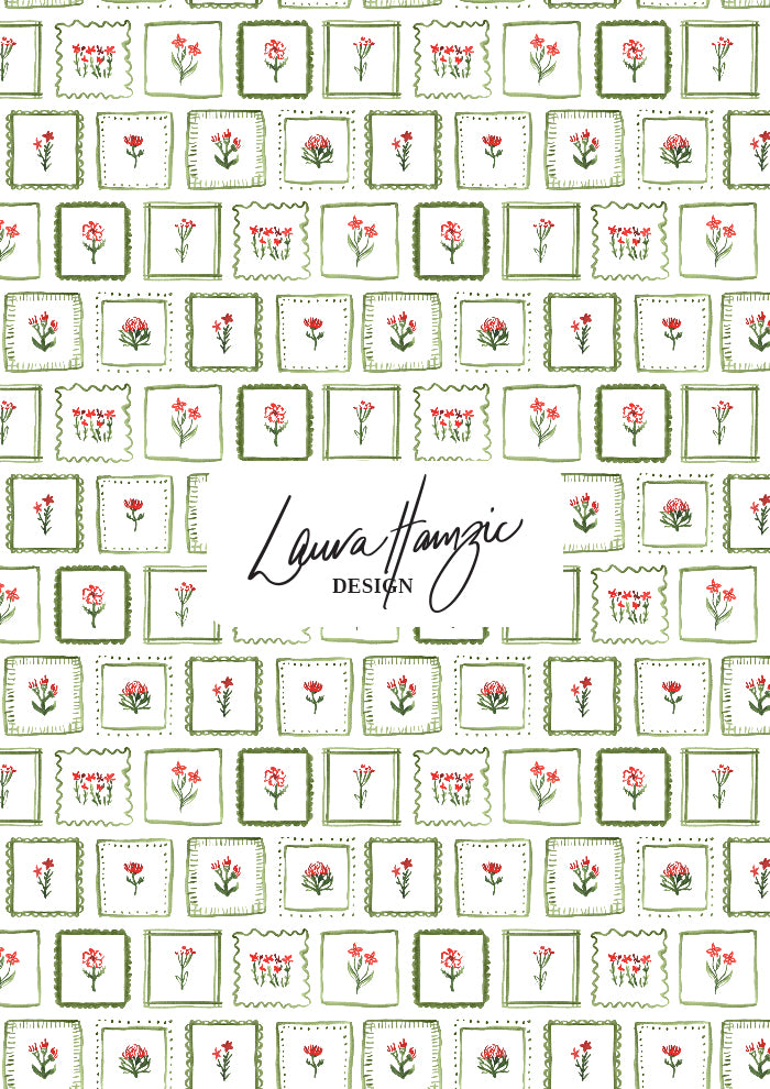 Patterned design with red flowers and green leaves on a white background, by Australian Surface Pattern Designer Laura Hamzic