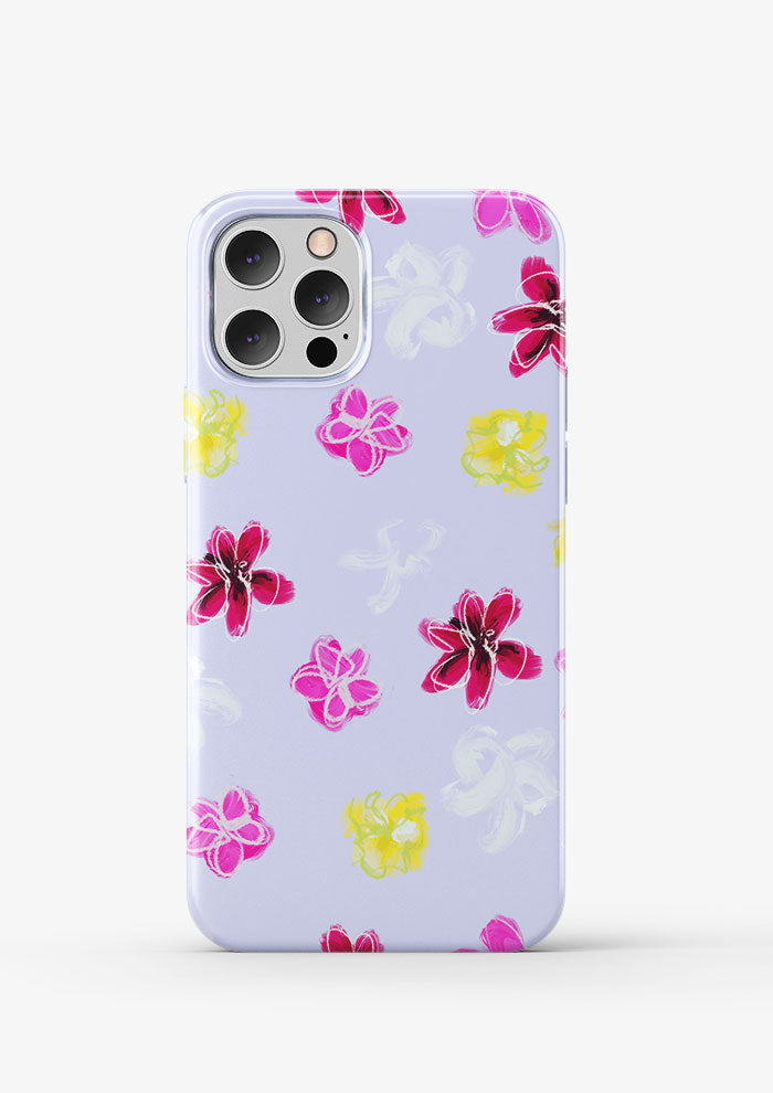 Laura Hamzic Australian artist's Petal Parade mocked up on a phone - fun florals scatter across a soft blue background
