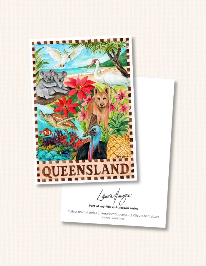 Hand-painted Queensland illustration capturing iconic locations, flora and lifestyle of Queensland Australia