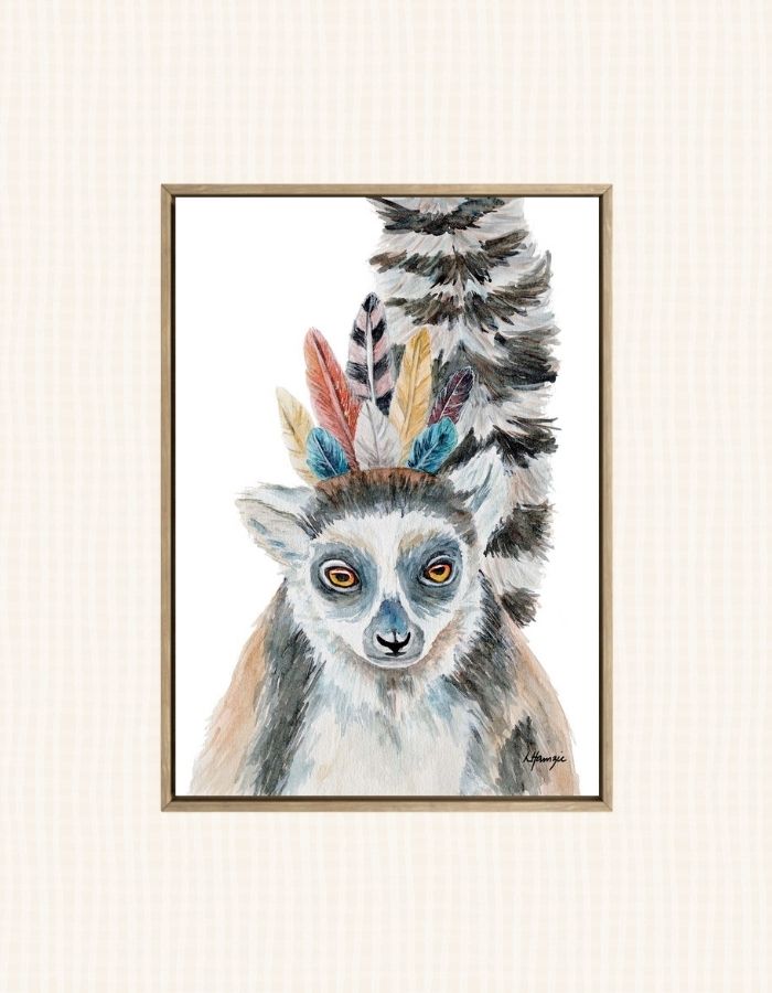 Whimsical Funky watercolour painting of a Lemur wearing a feather headress - fun artwork for childs room - created by Laura Hamzic Australian Artist