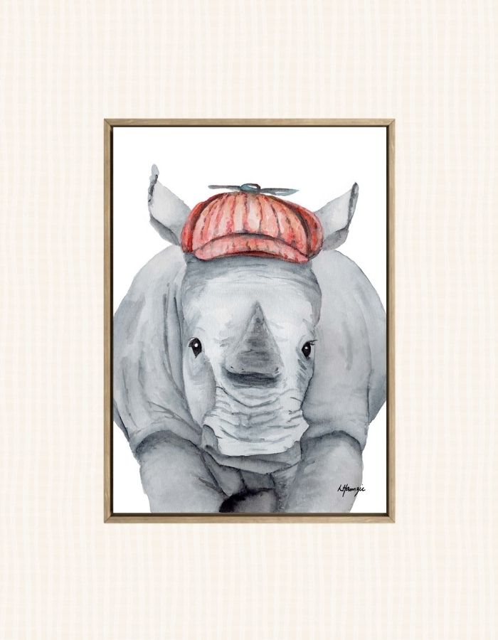 Whimsical watercolour painting of a Rhino wearing a newsboy cap - fun artwork for childs room - created by Laura Hamzic Australian Artist