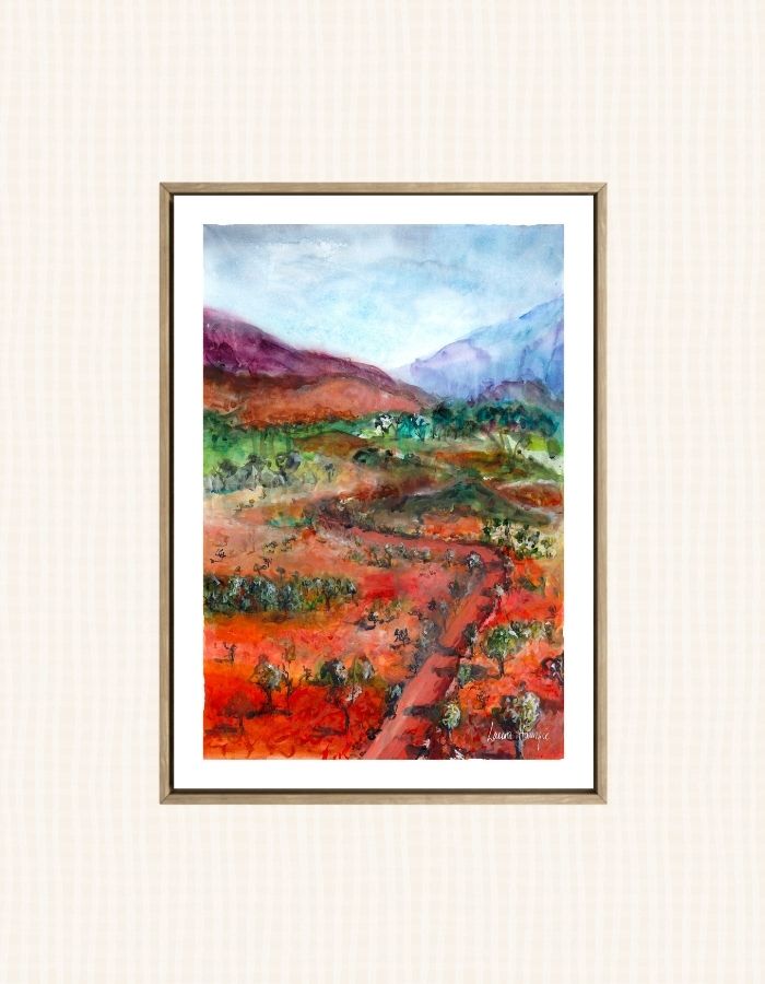 Watercolour art prints of the Flinders Ranges, South Australia - depicting a lonely road cutting through the middle of the bush as you drive towards the ranges - painted by Laura Hamzic