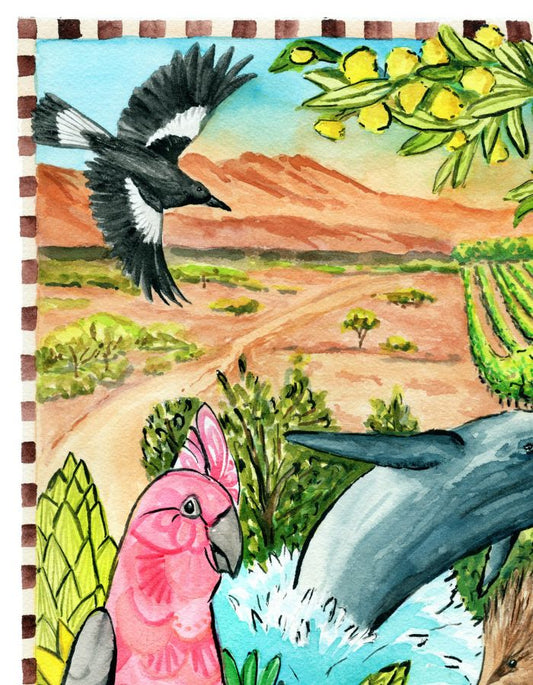 SA travel souvenir print capturing wine regions and coastal lifestyle