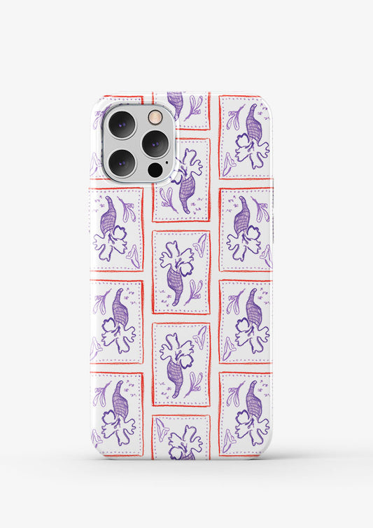 Phone case mockup featuring the Purple Rain pattern by Laura Hamzic, Australian surface pattern designer