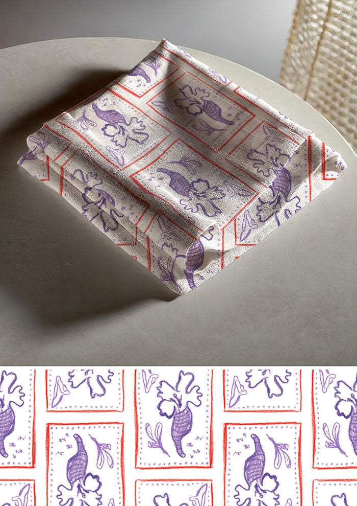 Tea towel mockup displaying the Purple Rain pattern by Laura Hamzic, Australian surface pattern designer