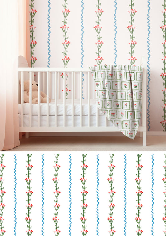 Watercolour floral and stripe pattern by Australian Artist and Surface Pattern Designer Laura Hamzic – Ribbons and Blooms wallpaper paired with Patchwork Garden blanket