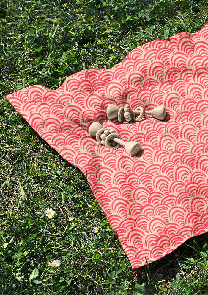 Swaddle featuring Sand Dune Scallop flowing scallop pattern – textured coloured pencil design inspired by rippling sand dunes, bold Australian kids’ décor, rhythmic and playful wallcovering.