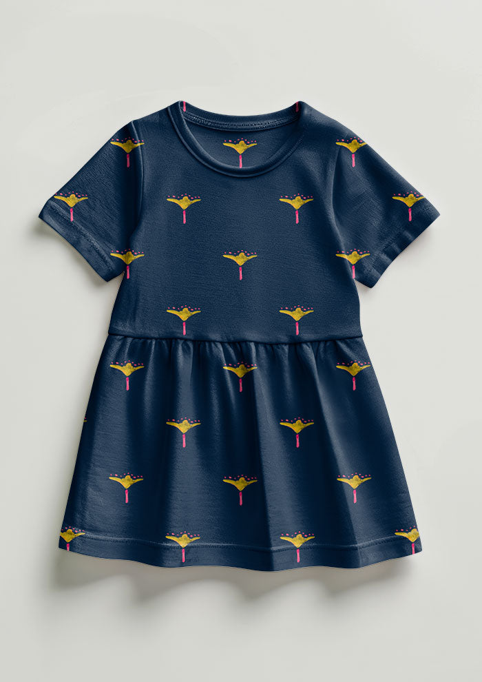 Pink and green Sea Petal pattern on navy, little girl's dress mockup. Pattern design by Laura Hamzic, Australian Artist.