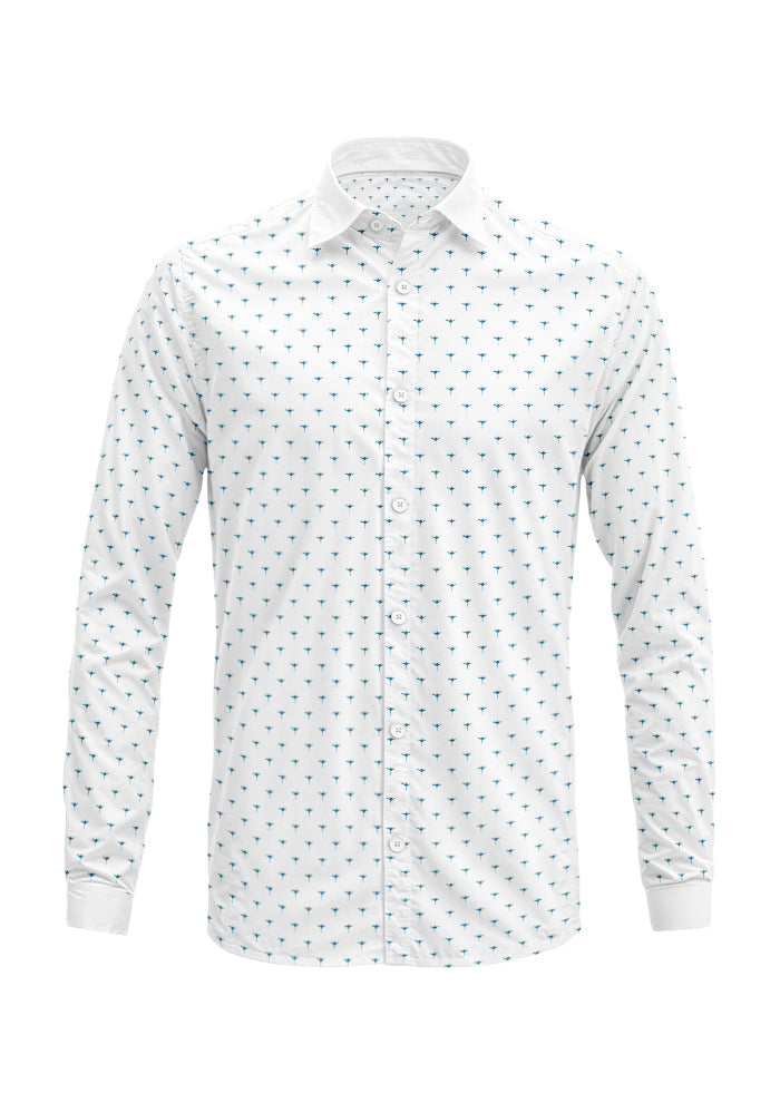 Denim Sea Petal pattern on men's long-sleeve shirt mockup. Pattern design by Laura Hamzic, Australian Artist.