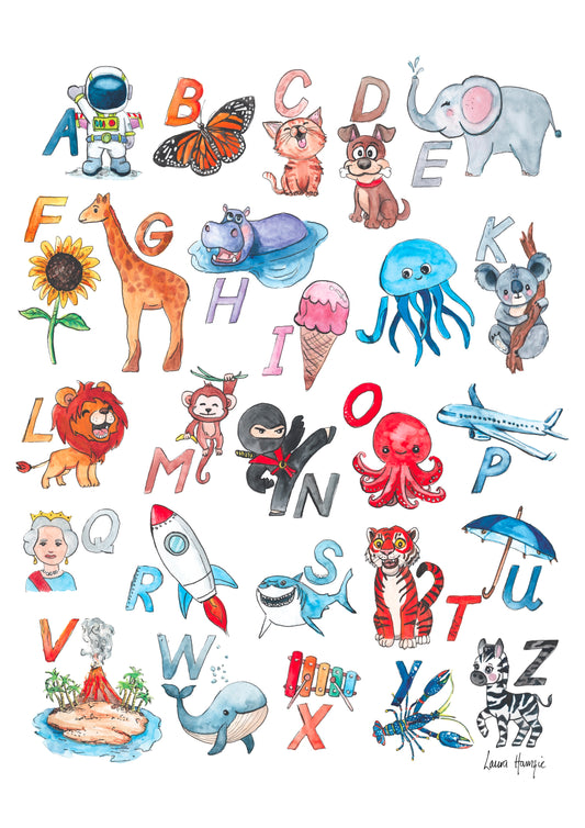 Watercolour art print of the ABC Alphabet with fun illustrations to help children learn the Alphabet, hand-painted by Laura Hamzic.