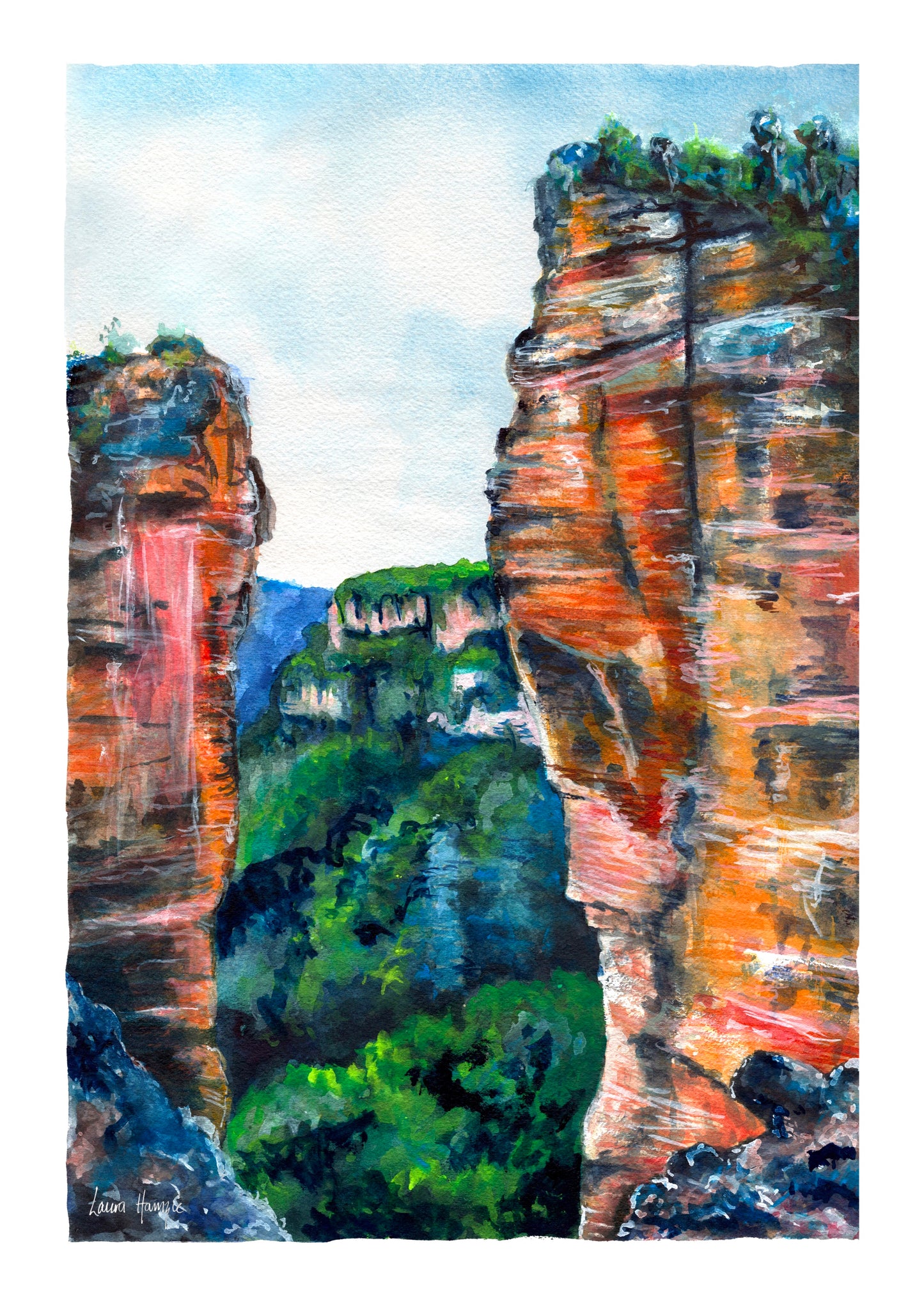 Watercolour art prints of Halls Gap, Blue Mountains, New South Wales, Australia - capturing the detail of the red craggy rock formations against the stunning blue green mountains - painted by Laura Hamzic