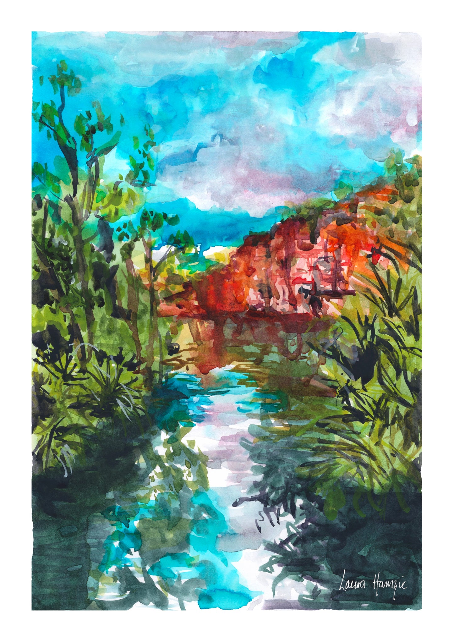Watercolour art prints of Edith Falls, Northern Territory, Australia - a stunning landscape in vibrant colours - painted by Laura Hamzic