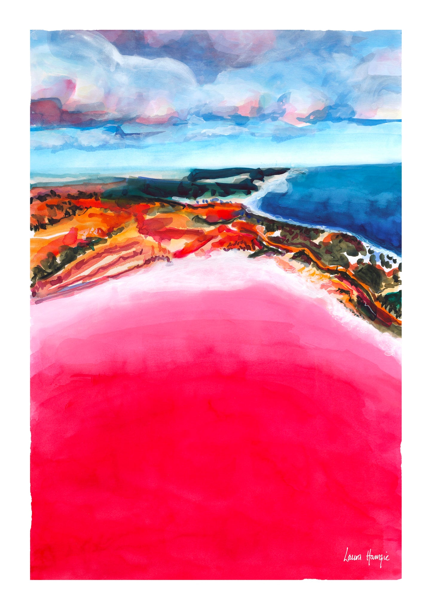 Watercolour art print of the vibrant Pink Salt Lakes, Esperance, Western Australia, hand-painted by Laura Hamzic.
