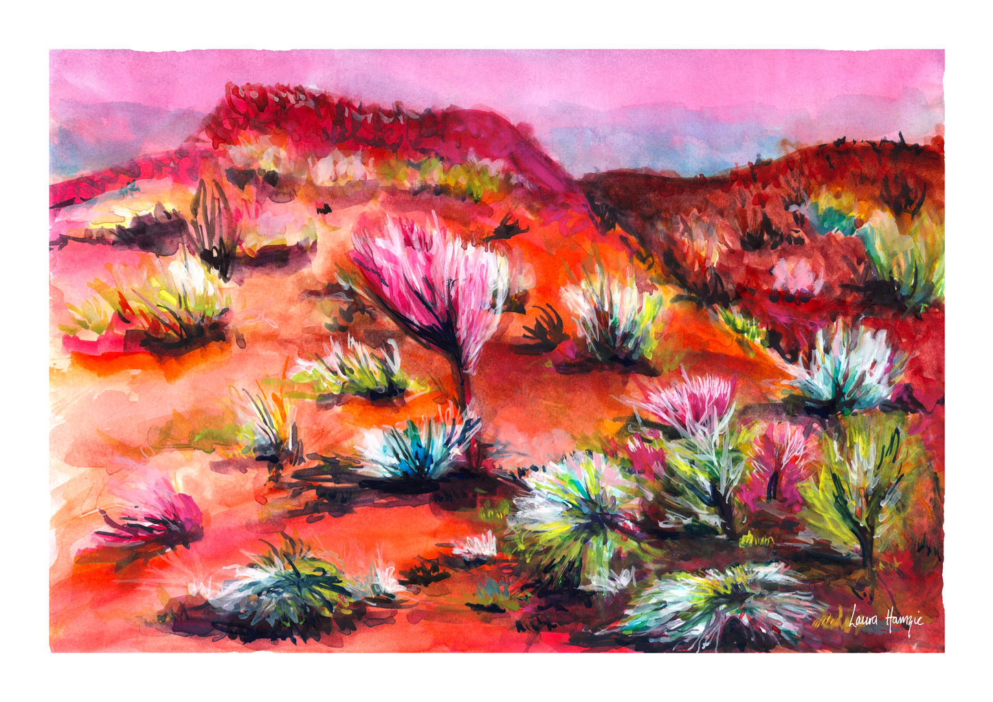 Watercolour art print of the vibrant desert scrub of regional Australia captured in bright whimsical colours and red desert hues, hand-painted by Laura Hamzic.