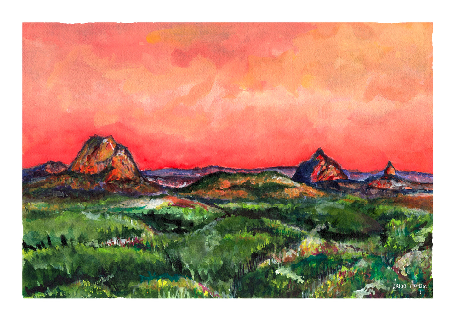 Watercolour art prints of the Glasshouse Mountains, Brisbane, Australia - a stunning landscape in vibrant colours captured as sunset hits the peaks - painted by Laura Hamzic