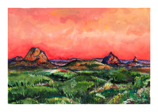 Watercolour art prints of the Glasshouse Mountains, Brisbane, Australia - a stunning landscape in vibrant colours captured as sunset hits the peaks - painted by Laura Hamzic