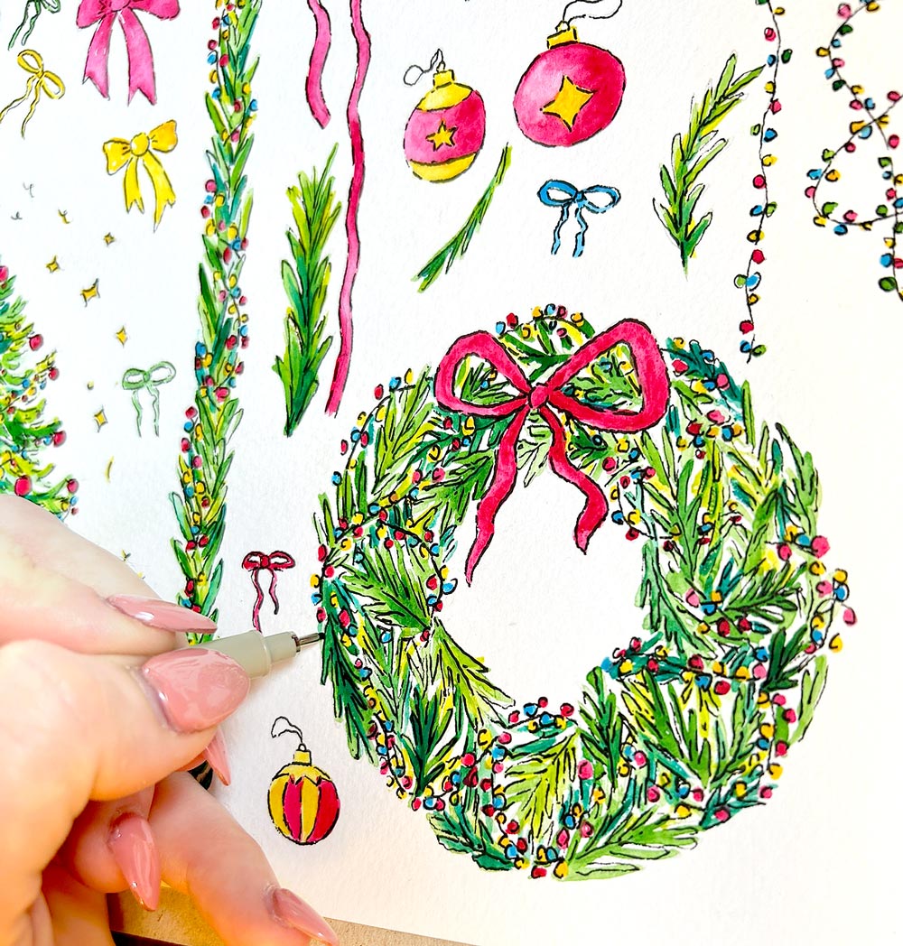 Custom illustrations, hand-painted Colourful Christmas wreath with a pink bow and decorations on a white background for product and brand use by artist Laura Hamzic