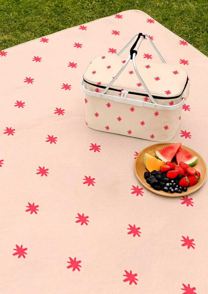 Picnic mat and picnic bag with Star Bright whimsical pencil-drawn star pattern – inspired by night skies on camping trips, Australian children’s outdoor product design, playful kids’ surface pattern.