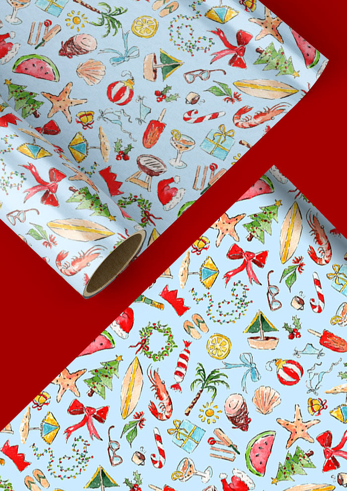 Roll of patterned wrapping paper with Australian summer and Christmas designs hand-painted by Australian Artist Laura Hamzic