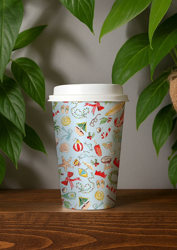 Disposable biodegradable coffee cup with Australian Art featuring Australian Christmas and summer elements created by Brisbane Surface Pattern Designer Laura Hamzic