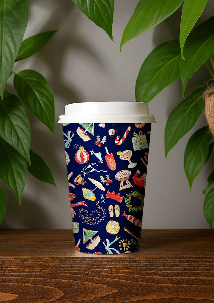 Summer Christmas Coffee Cup design by Australian Artist Laura Hamzic featuring beachy coastal Christmas motifs - ice cream, bows, candy canes, beach umbrellas, palm trees, holiday vibes