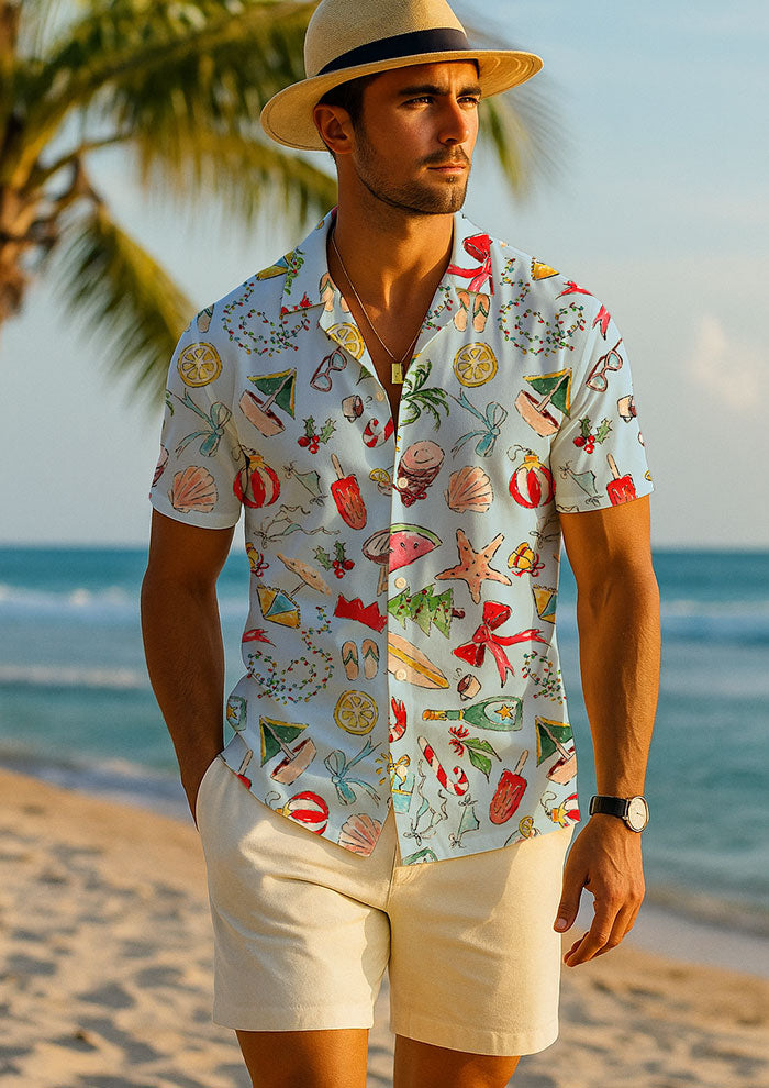 Mens Christmas Shirt - playful party shirt with Australian Summer Christmas pattern design by Brisbane Pattern designer Laura Hamzic