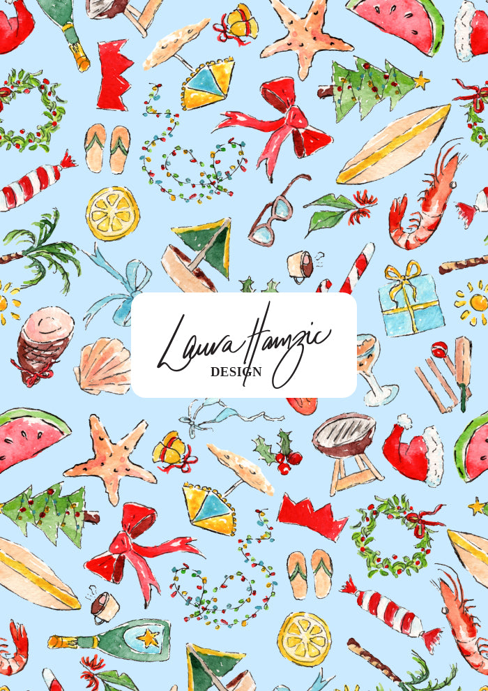 Patterned design with various summer christmas-themed items on a light blue background, designed by Australian Surface Pattern Designer Laura Hamzic