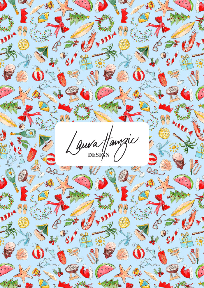Colourful Australian christmas pattern, playful summer beach Christmas design by Brisbane Artist Laura Hamzic