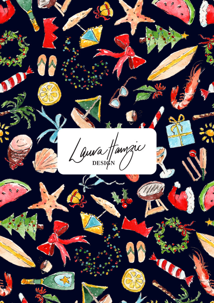 Summer Christmas pattern design by Australian Surface Pattern Designer Laura Hamzic featuring beachy coastal Christmas motifs - ice cream, bows, candy canes, beach umbrellas, palm trees, holiday vibes