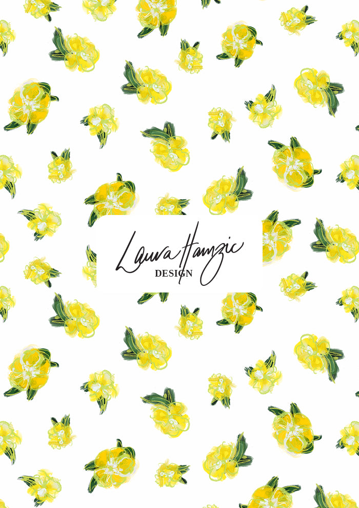 Laura Hamzics Sun Sprinkle pattern design - Yellow blossoms on white in a medium scale