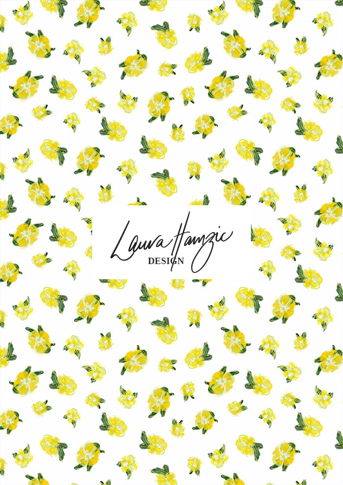 Laura Hamzics Sun Sprinkle pattern design - Yellow blossoms on white in a small scale