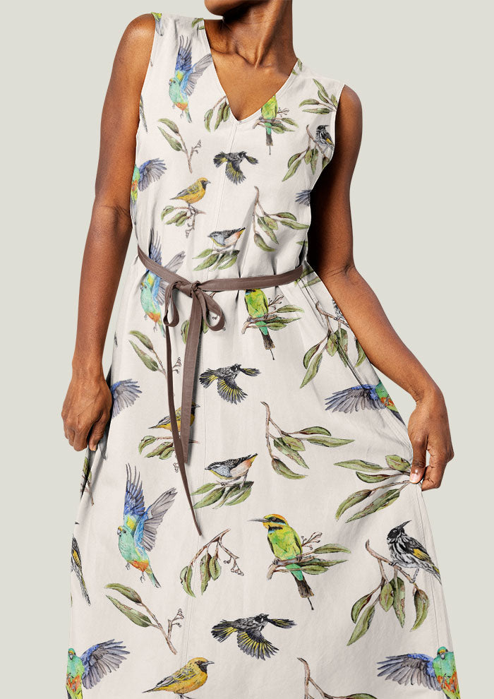Dress featuring Sunday Social Club surface pattern by Laura Hamzic, balanced spacing of native birds and foliage for versatile product use.