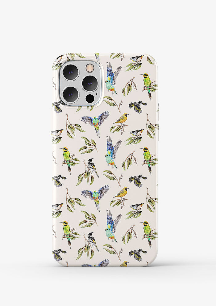 Phone case featuring Sunday Social Club surface pattern by Laura Hamzic, balanced spacing of native birds and foliage for versatile product use.
