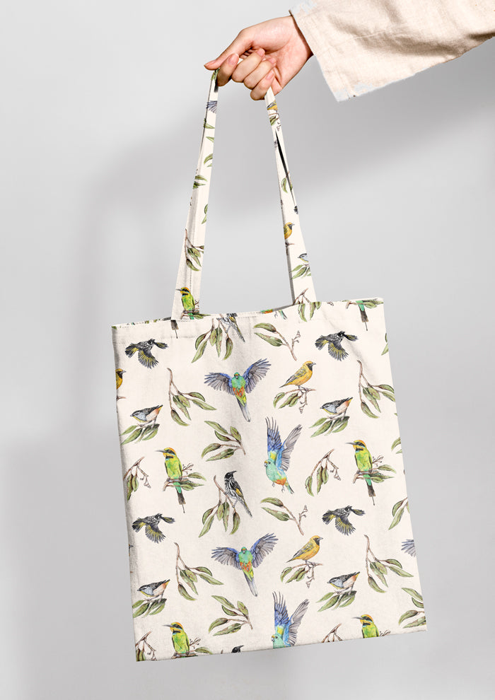 Shopping bag featuring Sunday Social Club surface pattern by Laura Hamzic, balanced spacing of native birds and foliage for versatile product use.
