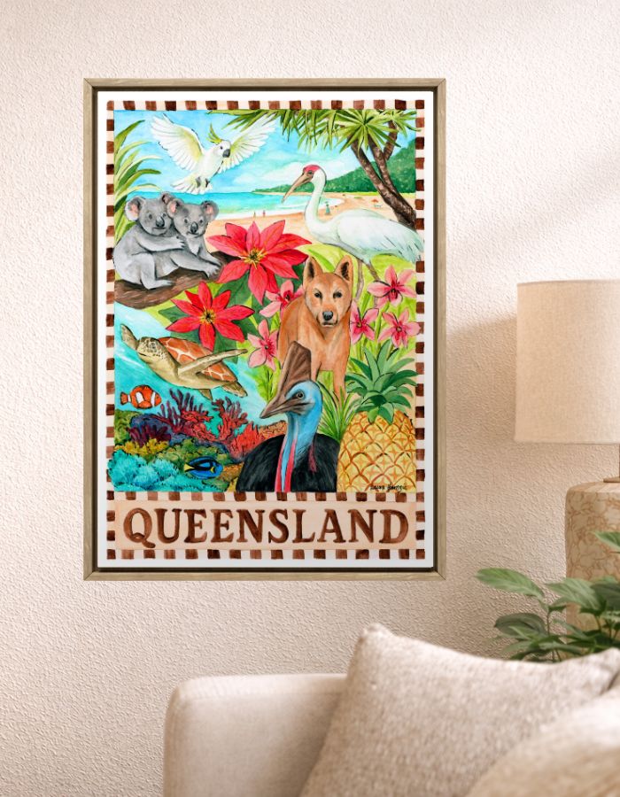 ueensland wall art souvenir featuring hand-painted landmarks and tropical motifs inspired by Australian travel