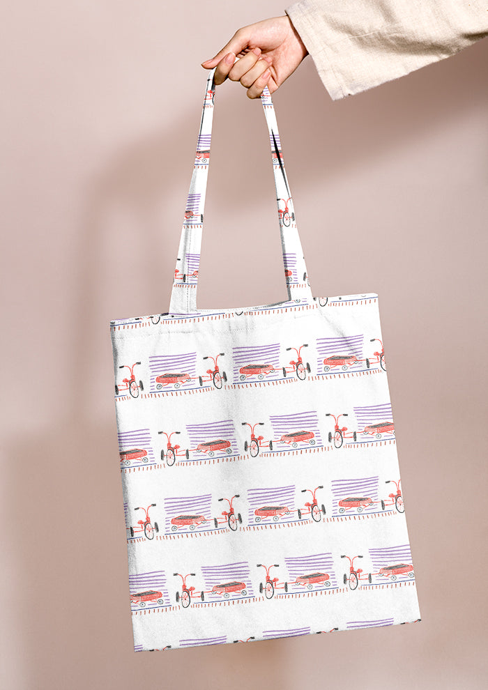 Tote bag mockup with the Trike Tracks pattern by Laura Hamzic, Australian surface pattern designer