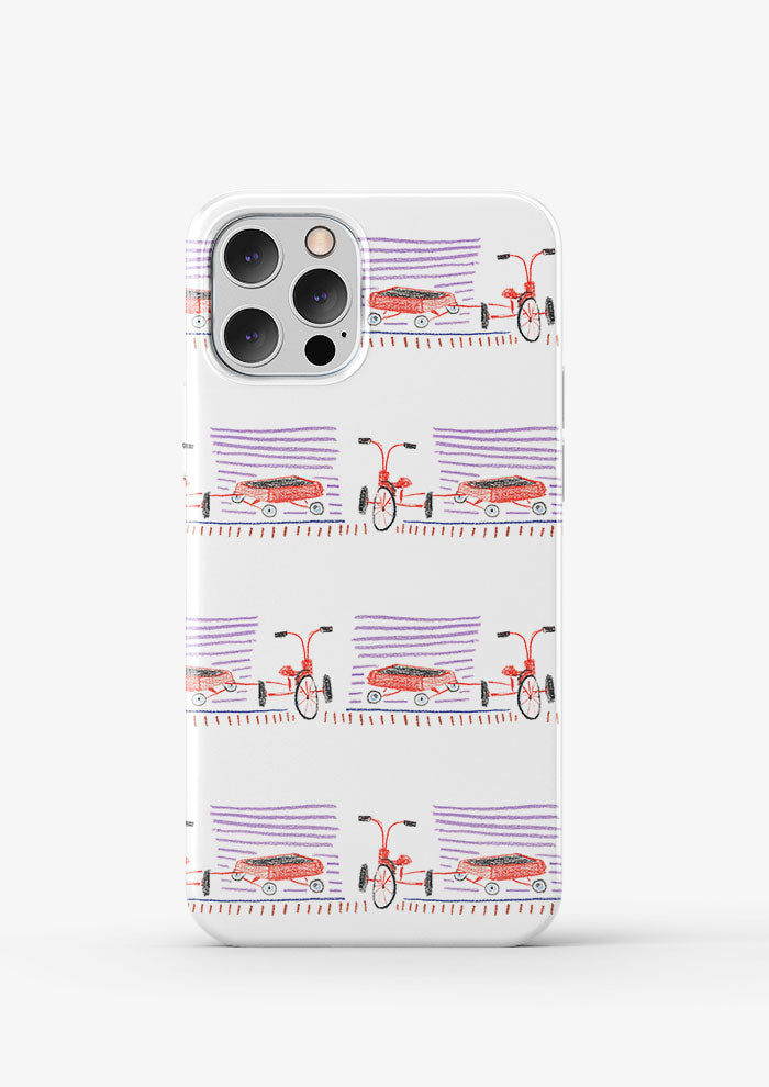 Phone case mockup displaying the Trike Tracks pattern by Laura Hamzic, Australian surface pattern designer