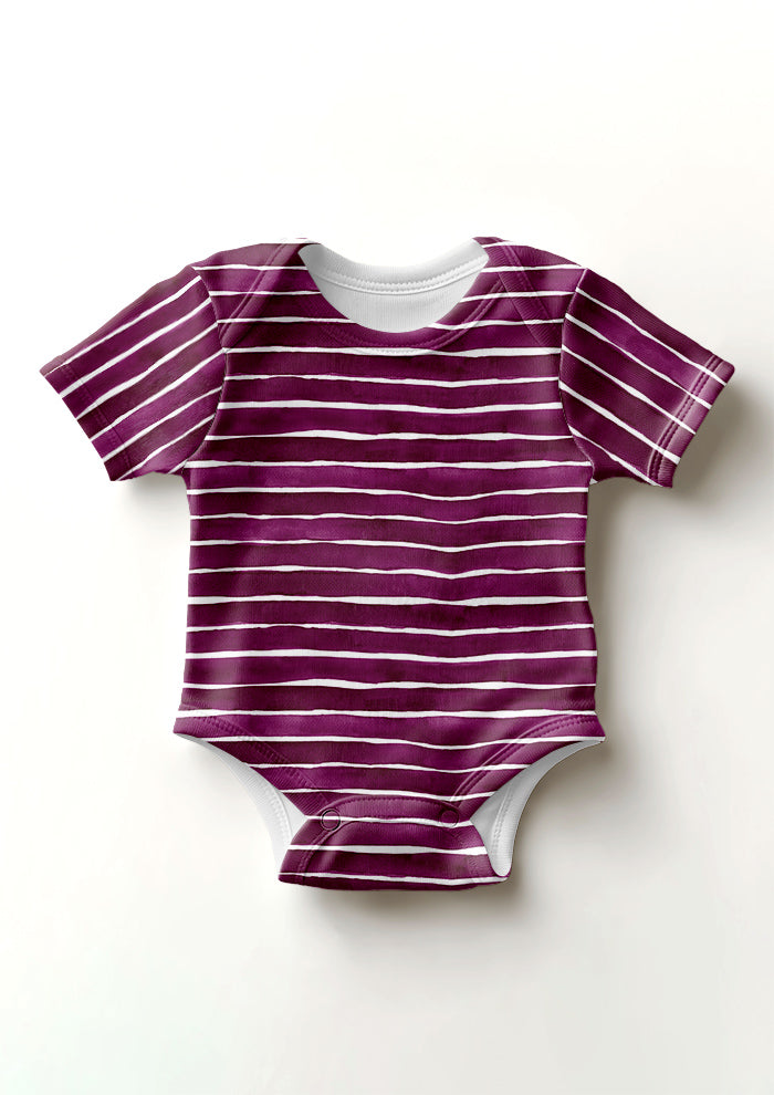 Mulberry Washed Stripe pattern on baby onesie mockup. Pattern design by Laura Hamzic, Australian Artist.