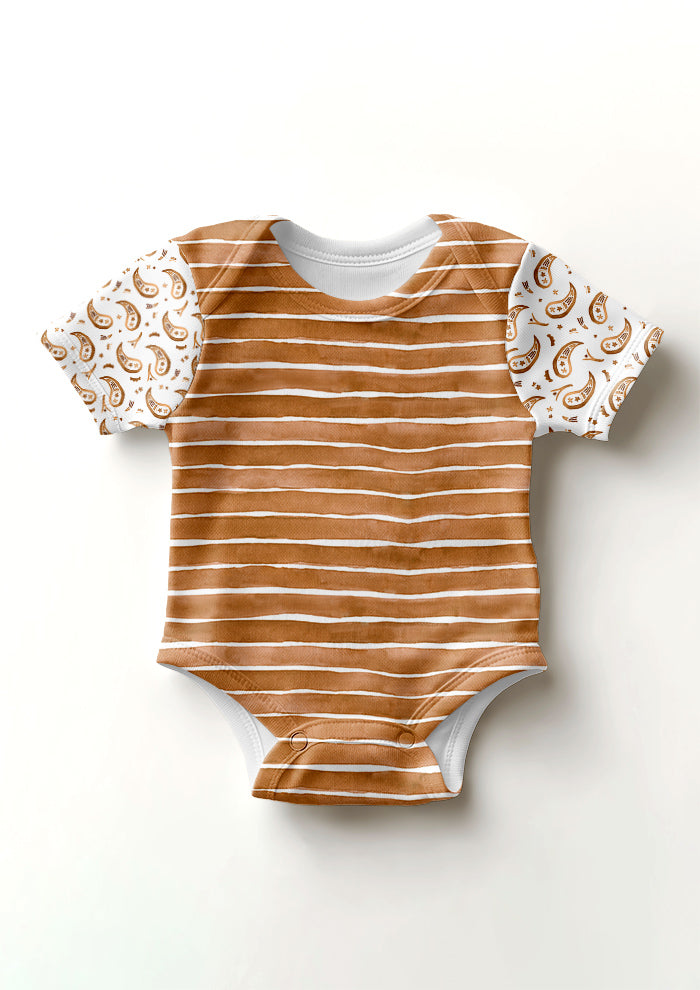 Tan Paisley Parade pattern on baby onesie sleeves with Washed Stripe body. Pattern design by Laura Hamzic, Australian Artist.