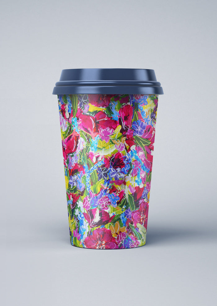 Coffee cup mockup displaying the Wild Blooms pattern by Laura Hamzic, Australian surface pattern designer